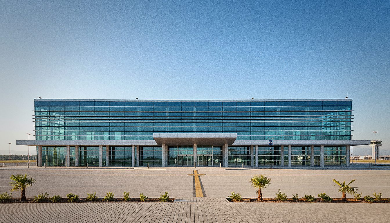 Fassade des 2008 eröffneten Terminals am Flughafen Zakynthos bei Tag